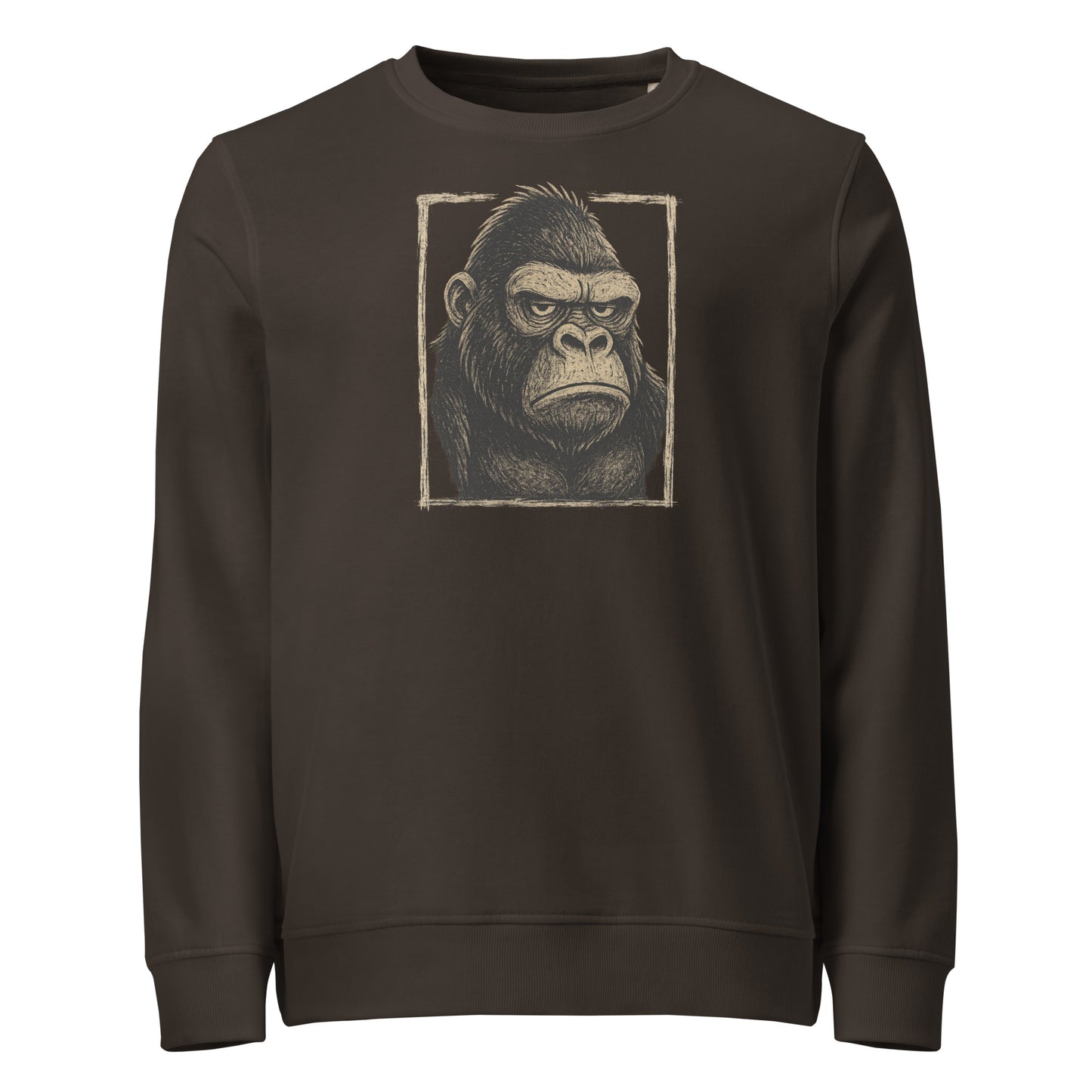 Brown sweatshirt with a graphic of a gorilla's face on a white background