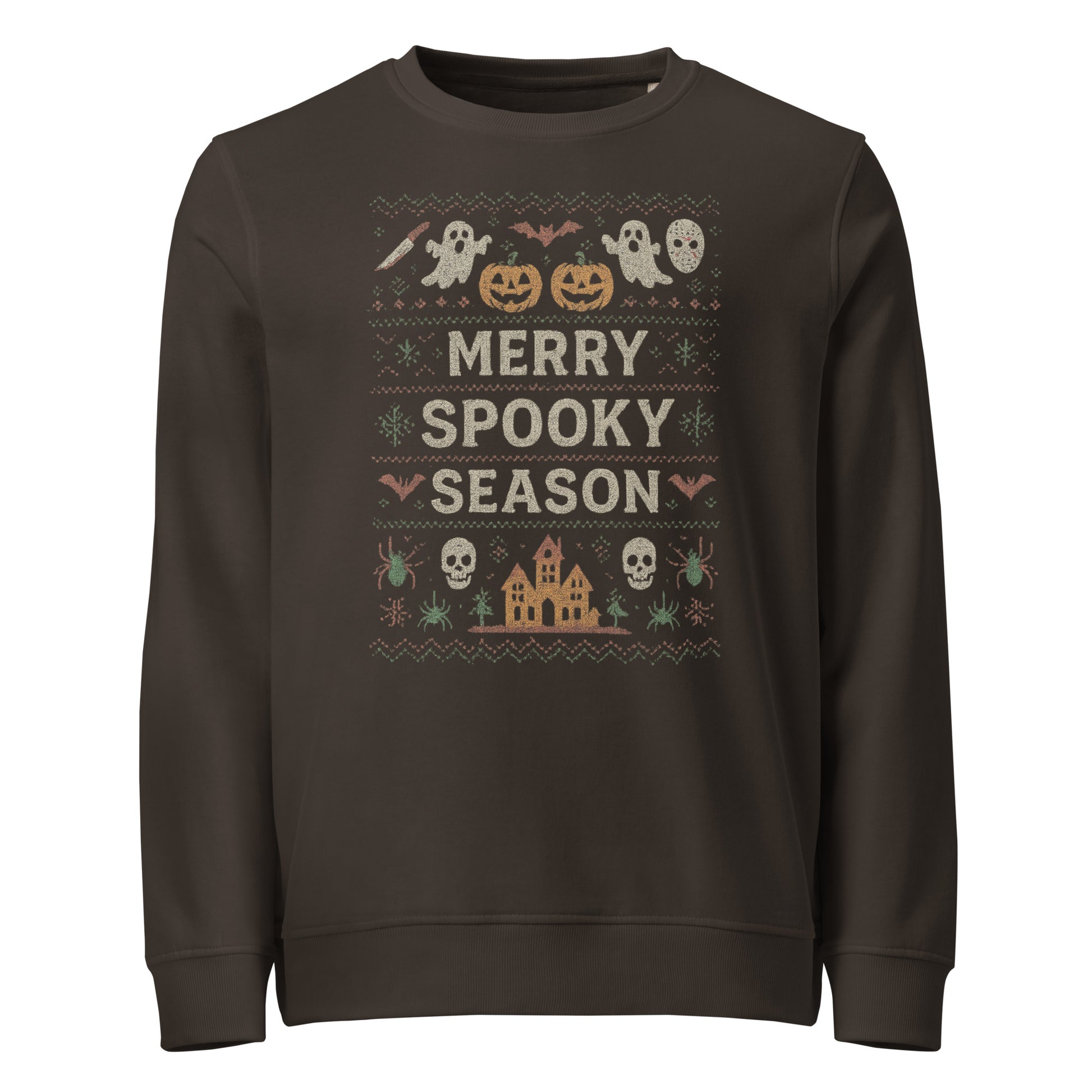 Brown sweatshirt with Halloween-themed design and text 'Merry Spooky Season' on a white background