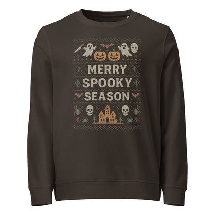 Brown sweatshirt with Halloween-themed design and text 'Merry Spooky Season' on a white background