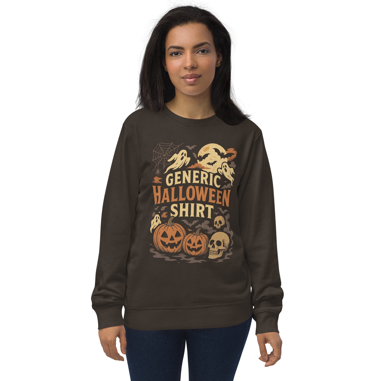 Woman wearing a brown sweatshirt with Halloween-themed graphics on a white background
