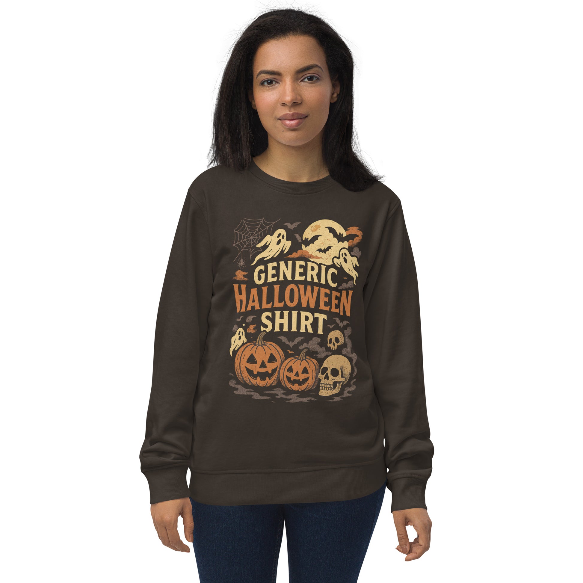 Woman wearing a brown sweatshirt with Halloween-themed graphics on a white background