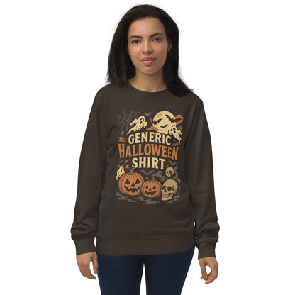 Woman wearing a brown sweatshirt with Halloween-themed graphics on a white background
