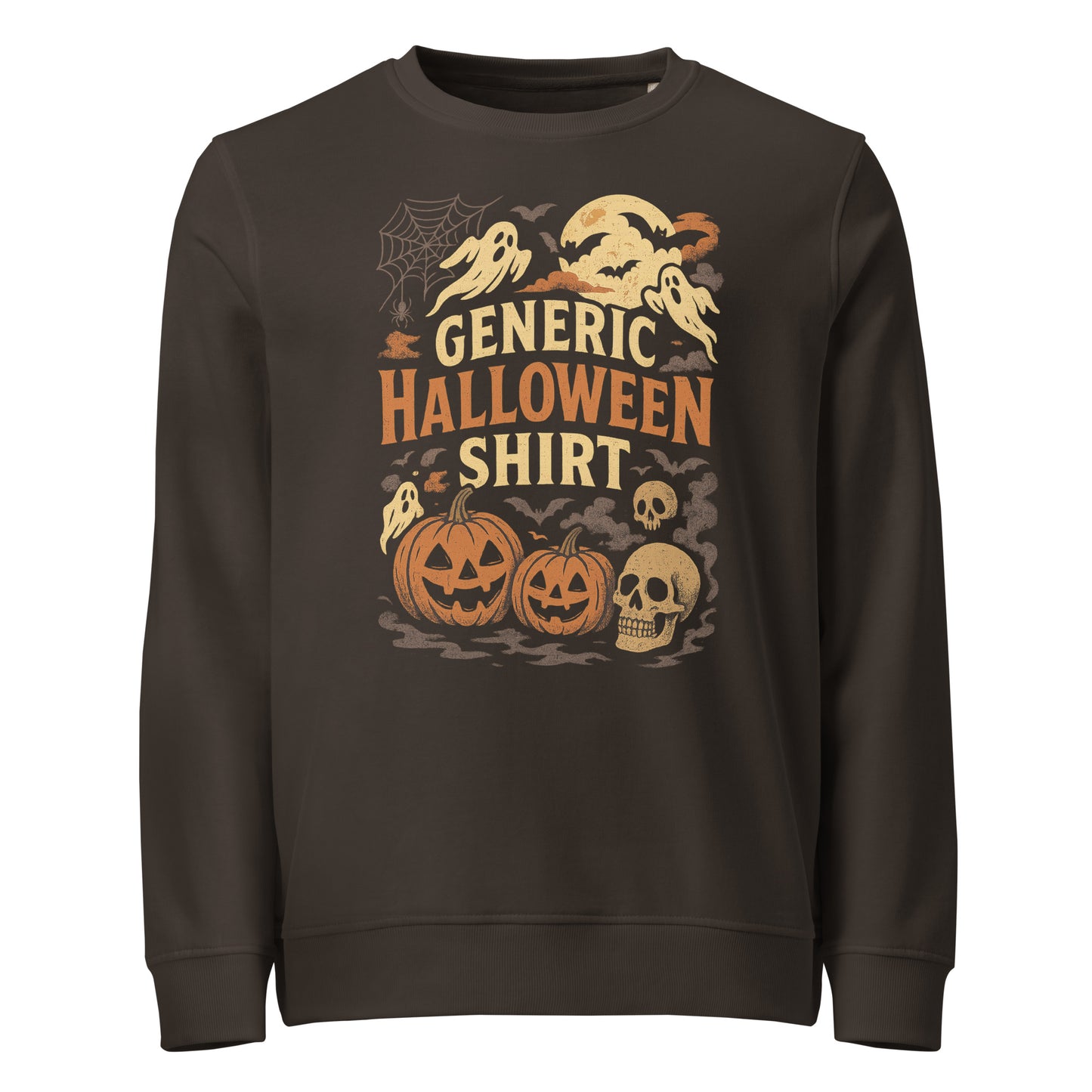 Brown sweatshirt with Halloween-themed graphics on a white background