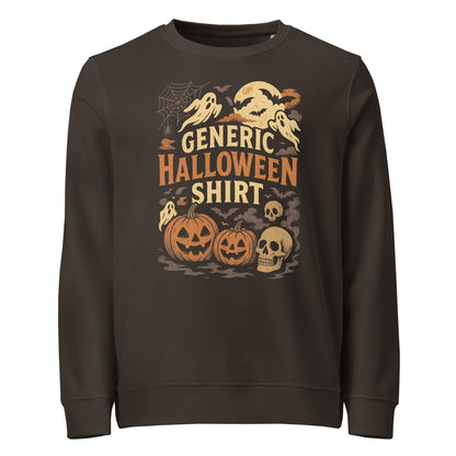 Brown sweatshirt with Halloween-themed graphics on a white background