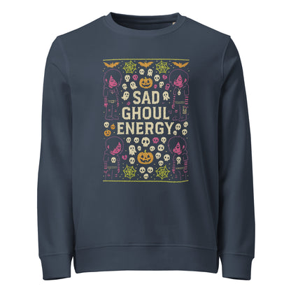 Navy blue sweatshirt with 'Sad Ghoul Energy' text and Halloween-themed graphics on a white background