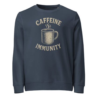 Navy blue sweatshirt with 'CAFFEINE IMMUNITY' text and coffee cup graphic on a white background