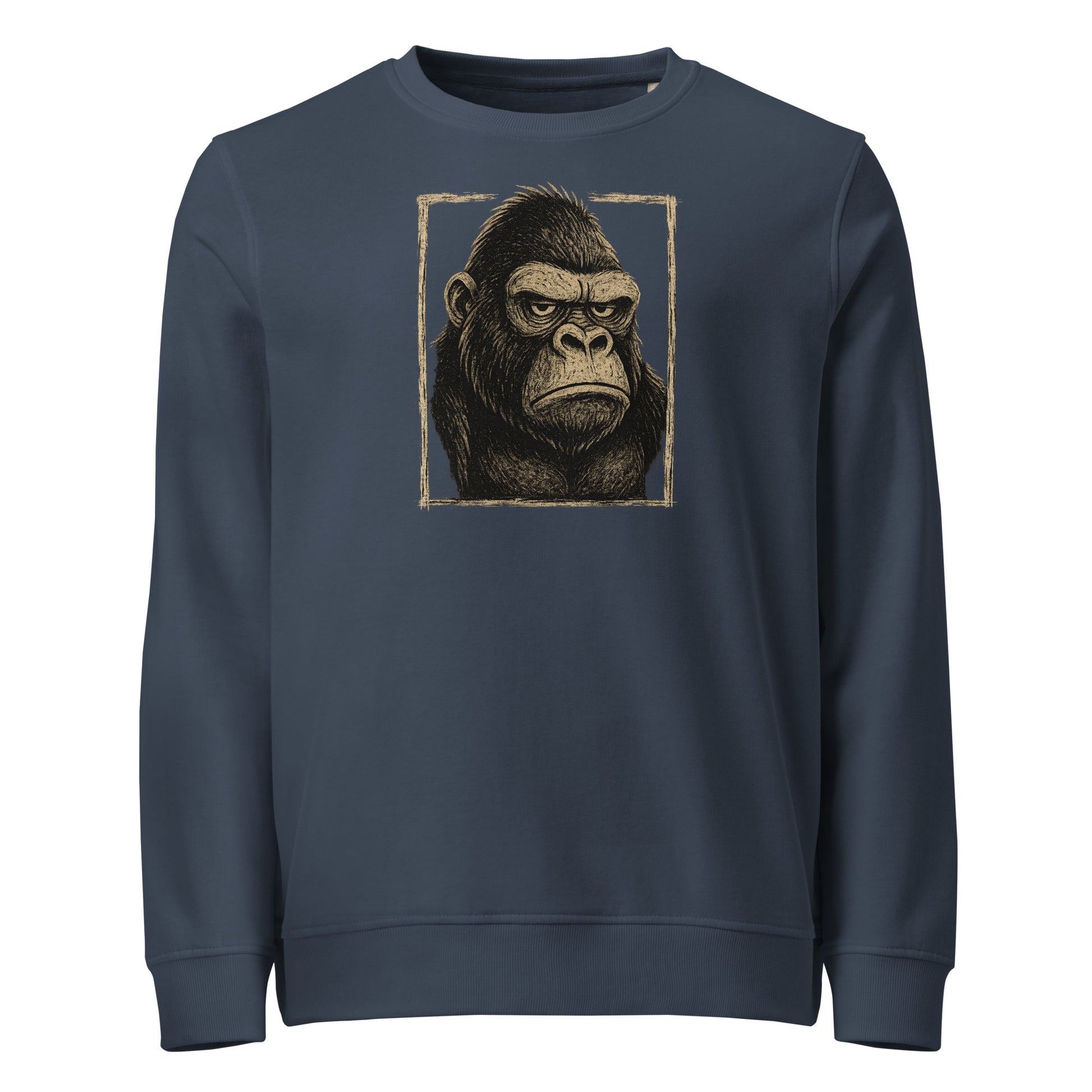 Navy blue sweatshirt with a gorilla graphic on a white background