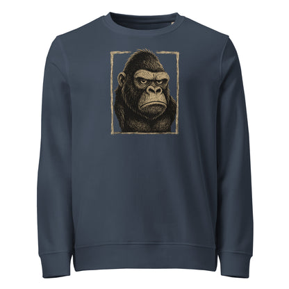 Navy blue sweatshirt with a gorilla graphic on a white background