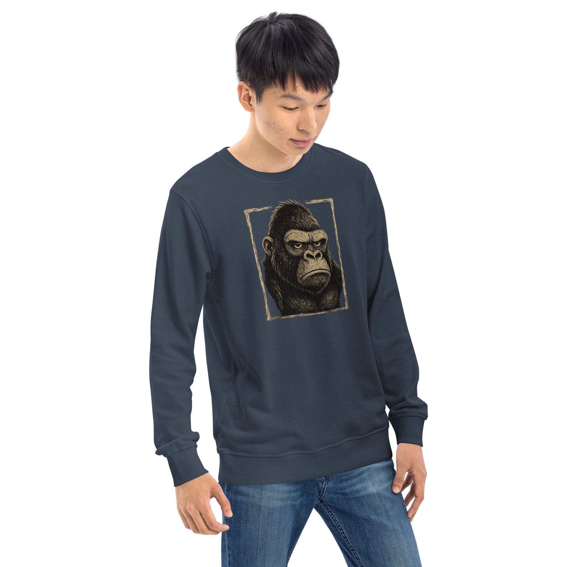 Person wearing a navy blue sweatshirt with a gorilla graphic on a white background