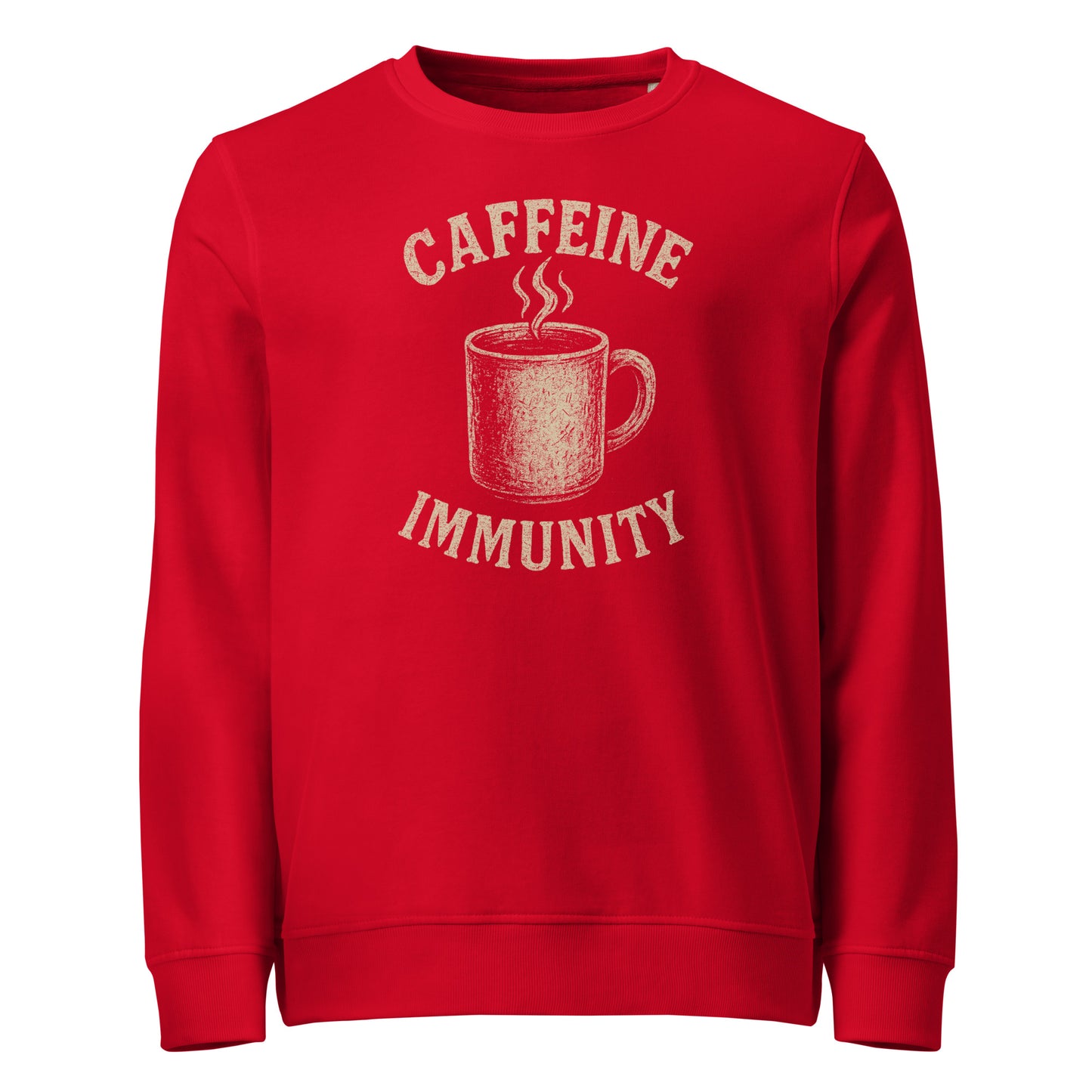 Red sweatshirt with 'CAFFEINE IMMUNITY' text and coffee cup graphic on a white background