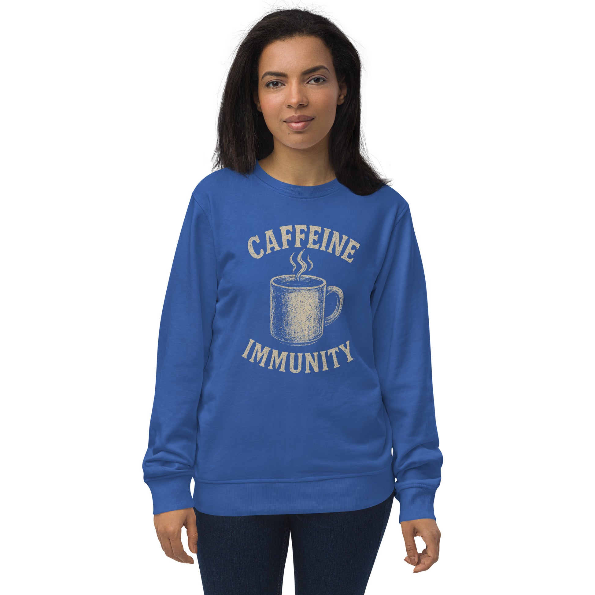 Woman wearing a blue sweatshirt with 'CAFFEINE IMMUNITY' text and coffee cup graphic on a white background