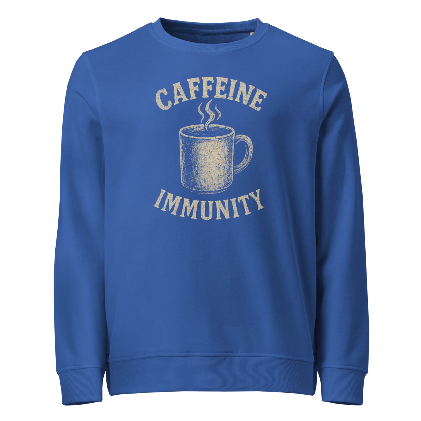 Blue sweatshirt with a coffee cup graphic and text 'CAFFEINE IMMUNITY' on a white background