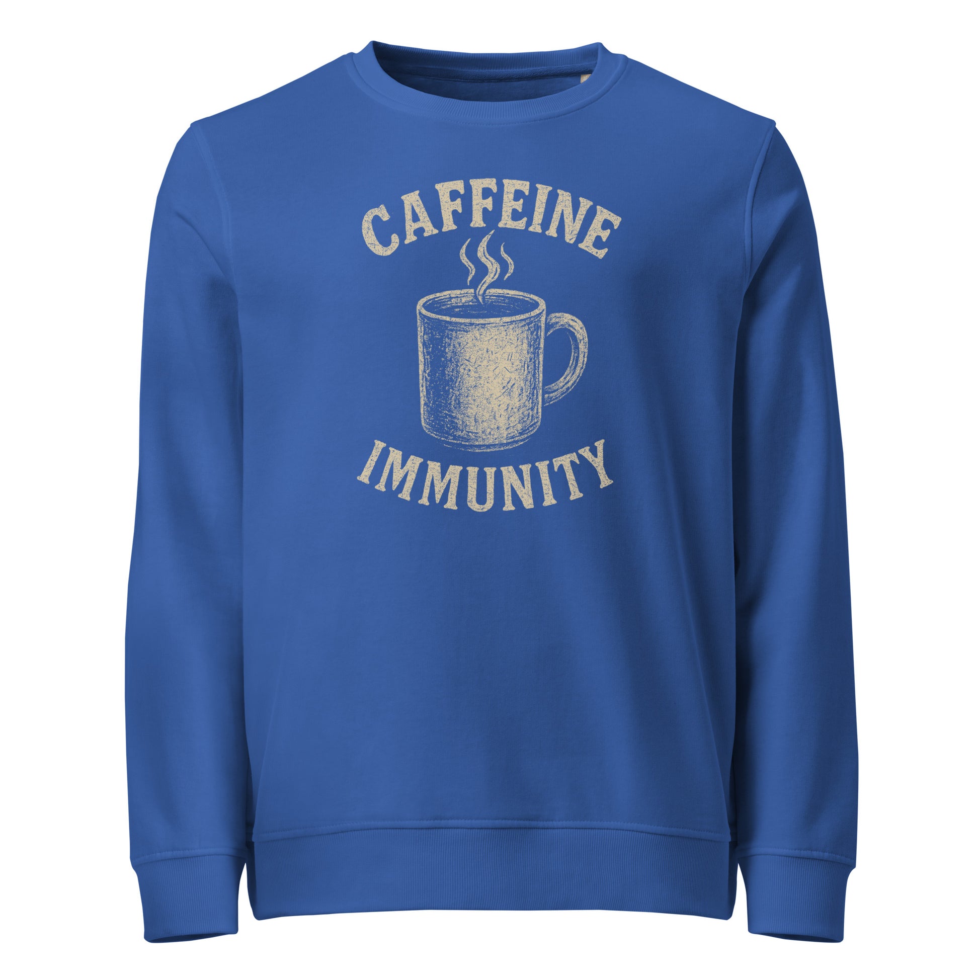 Blue sweatshirt with a coffee cup graphic and text 'CAFFEINE IMMUNITY' on a white background