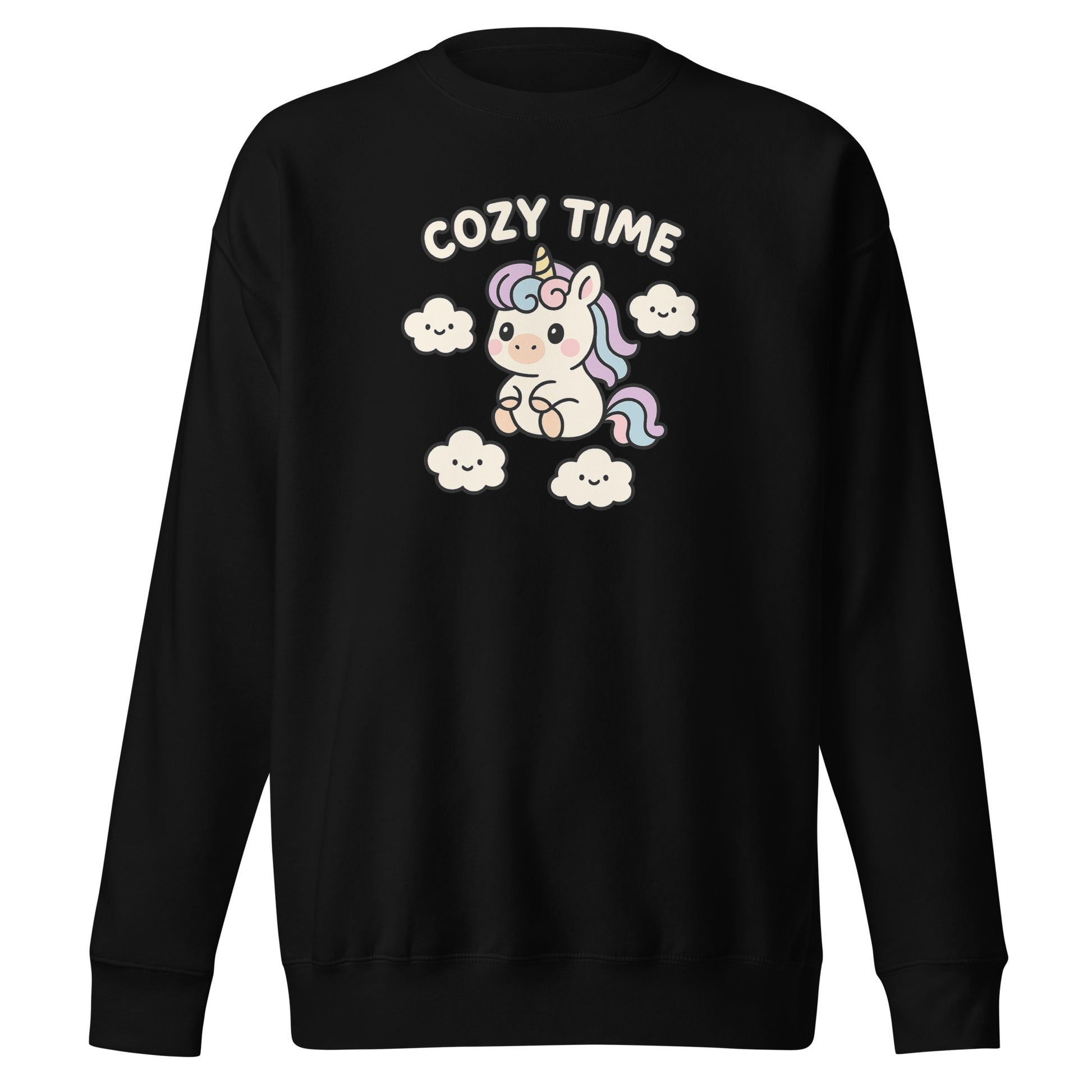 Black sweatshirt with a unicorn graphic and 'Cozy Time' text on a white background