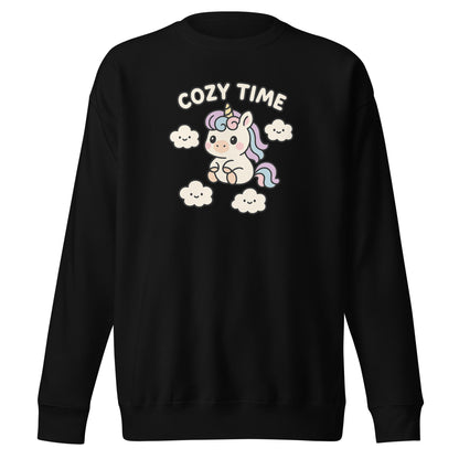Black sweatshirt with a unicorn graphic and 'Cozy Time' text on a white background