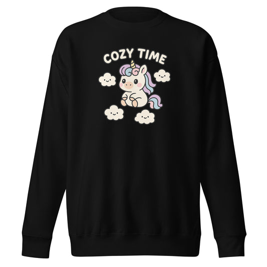 Black sweatshirt with a unicorn graphic and 'Cozy Time' text on a white background