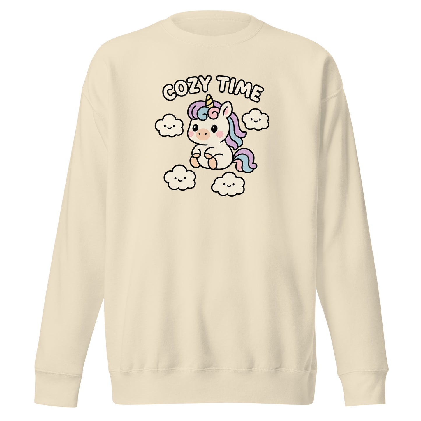 Beige sweatshirt with a cartoon unicorn and 'Cozy Time' text on the back