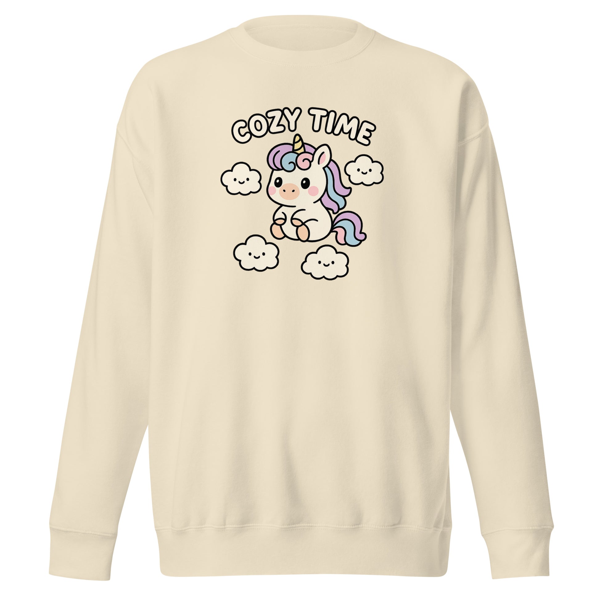 Beige sweatshirt with a cartoon unicorn and 'Cozy Time' text on the back