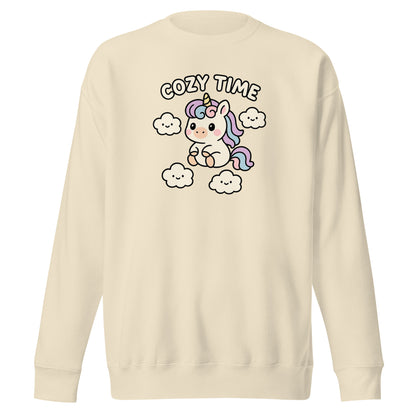 Beige sweatshirt with a cartoon unicorn and 'Cozy Time' text on the back