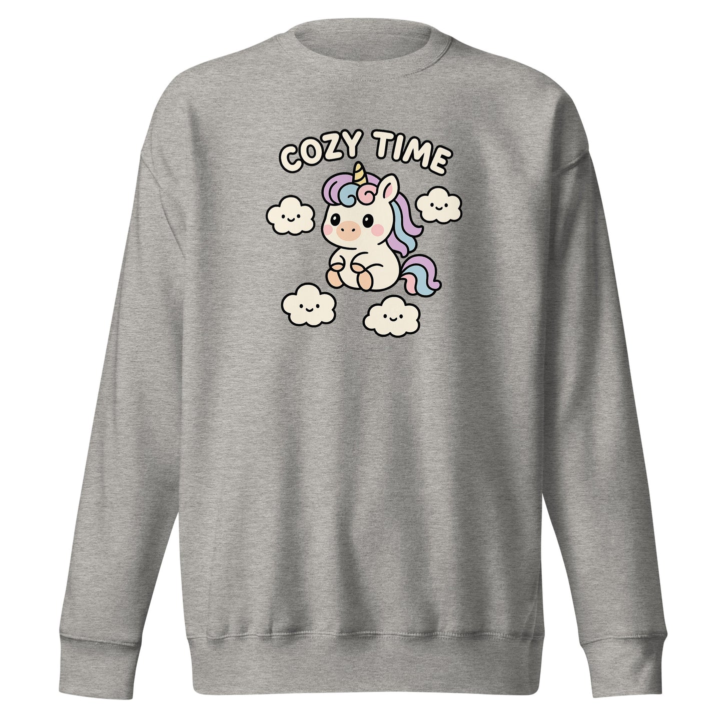 Gray sweatshirt with a unicorn graphic and 'Cozy Time' text on a white background