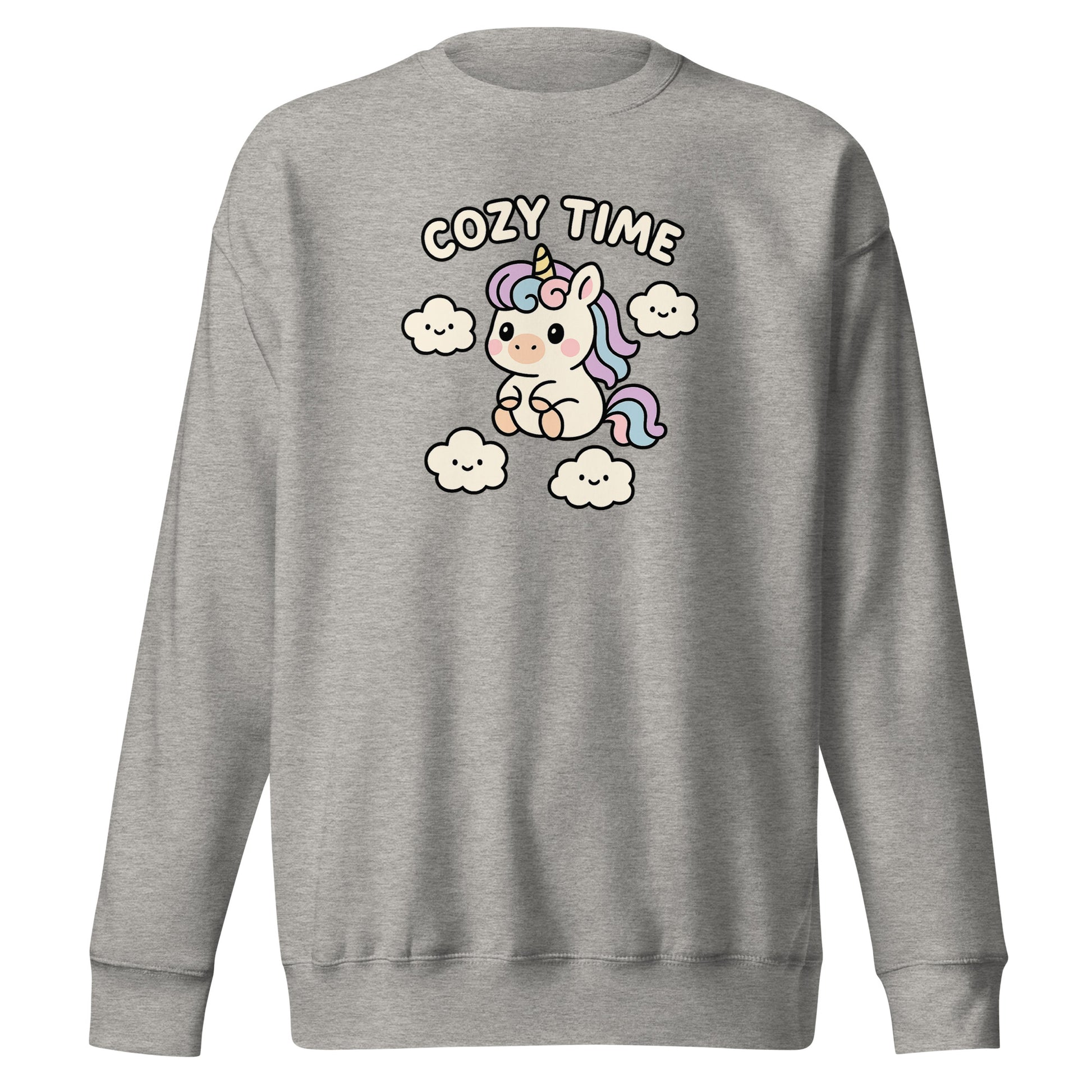 Gray sweatshirt with a unicorn graphic and 'Cozy Time' text on a white background