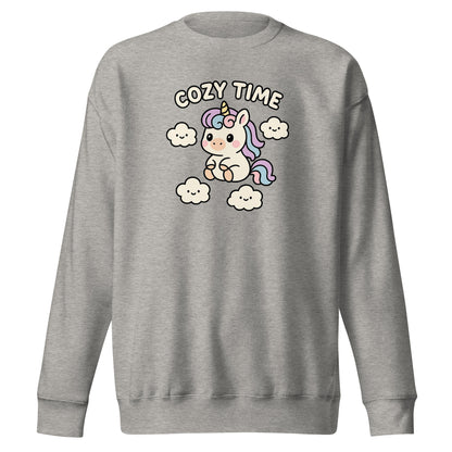 Gray sweatshirt with a unicorn graphic and 'Cozy Time' text on a white background