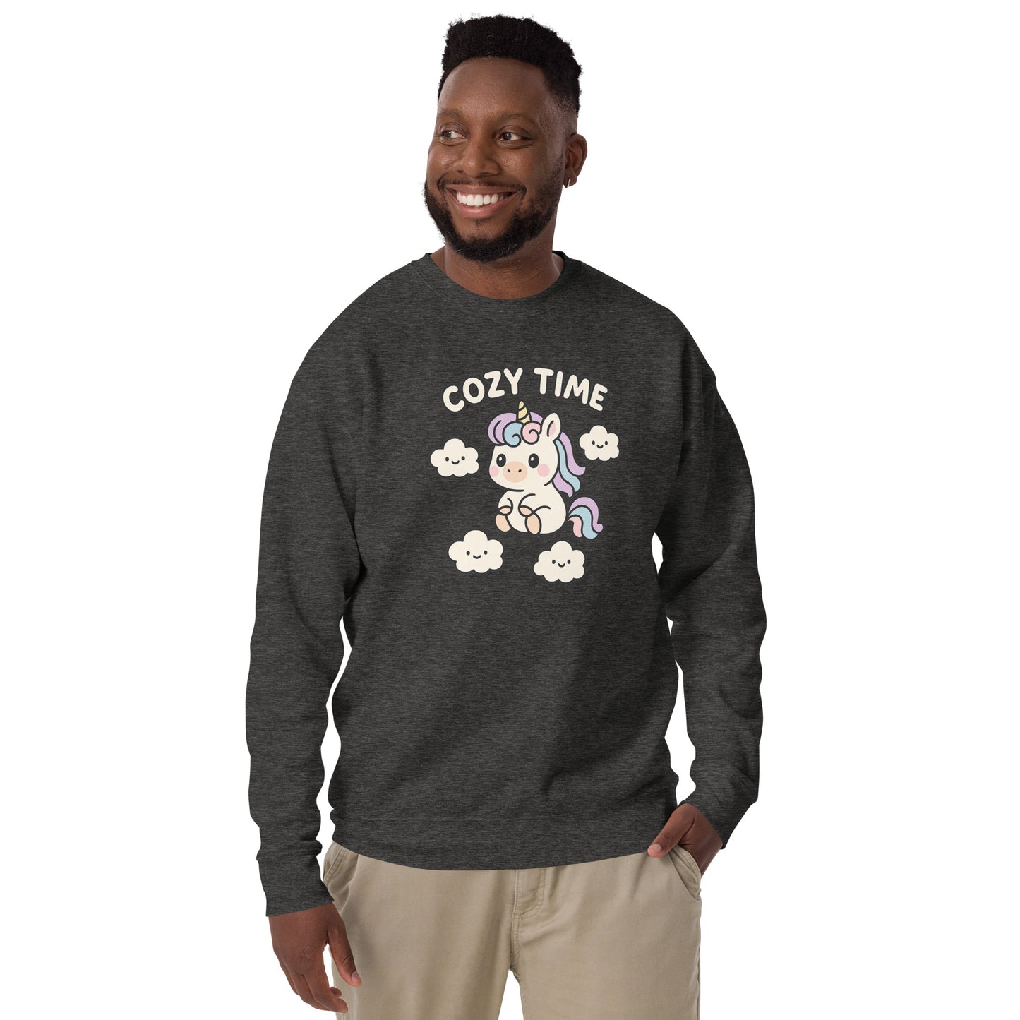 Man wearing a dark gray sweatshirt with a unicorn graphic and 'Cozy Time' text on a white background
