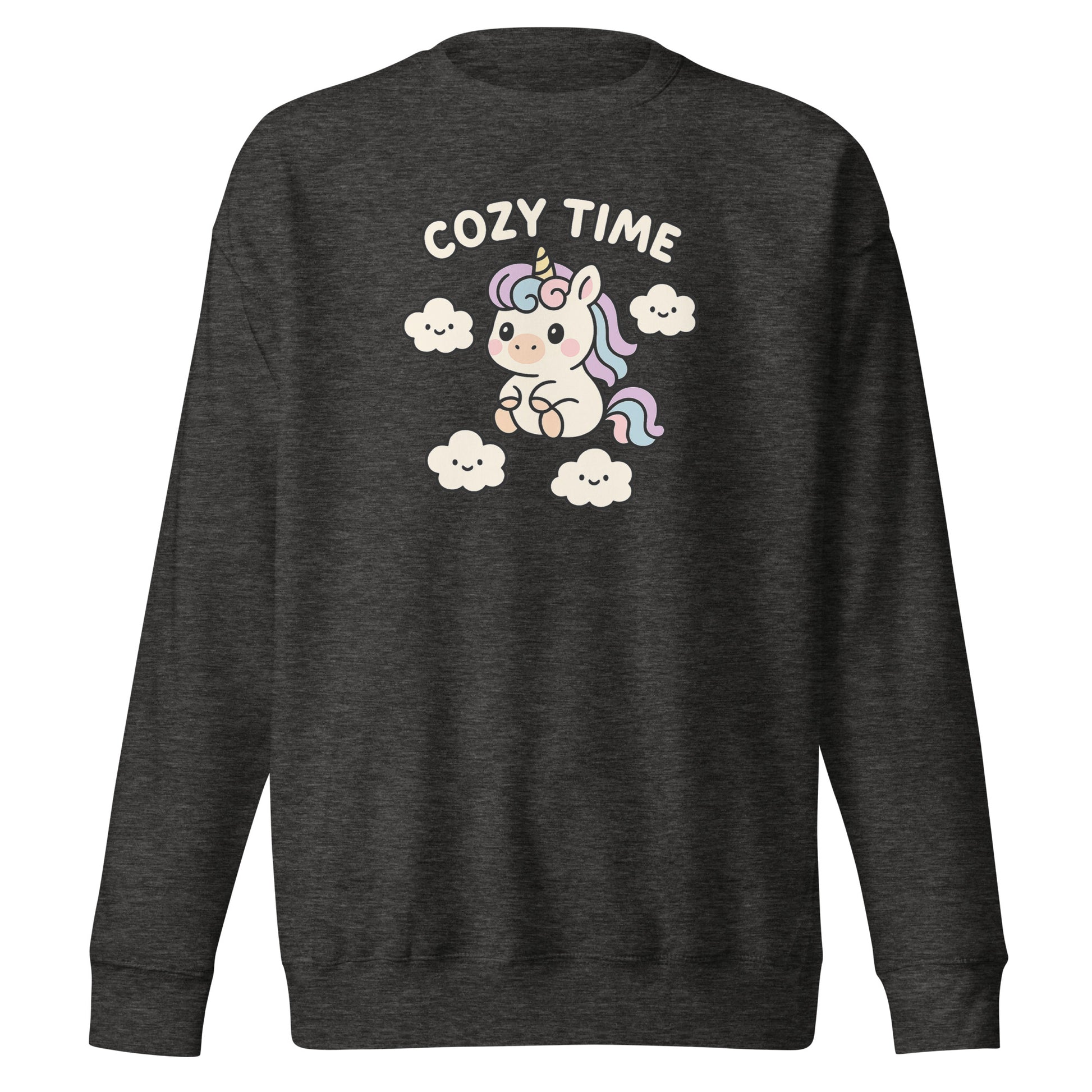 Dark gray sweatshirt with a unicorn graphic and 'Cozy Time' text on a white background