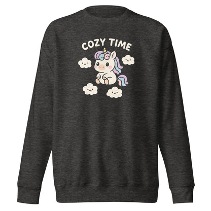 Dark gray sweatshirt with a unicorn graphic and 'Cozy Time' text on a white background