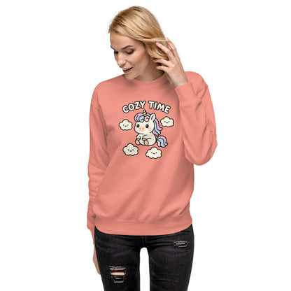 Person wearing a pink sweatshirt with a cartoon design and text on a white background
