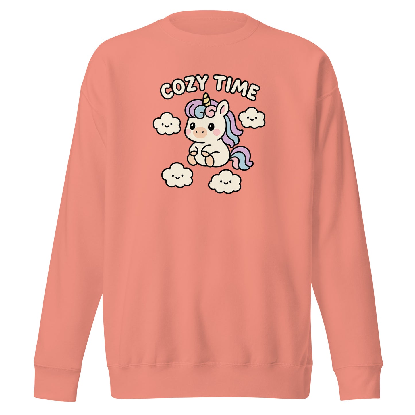 Coral sweatshirt with a unicorn graphic and 'Cozy Time' text on the back.