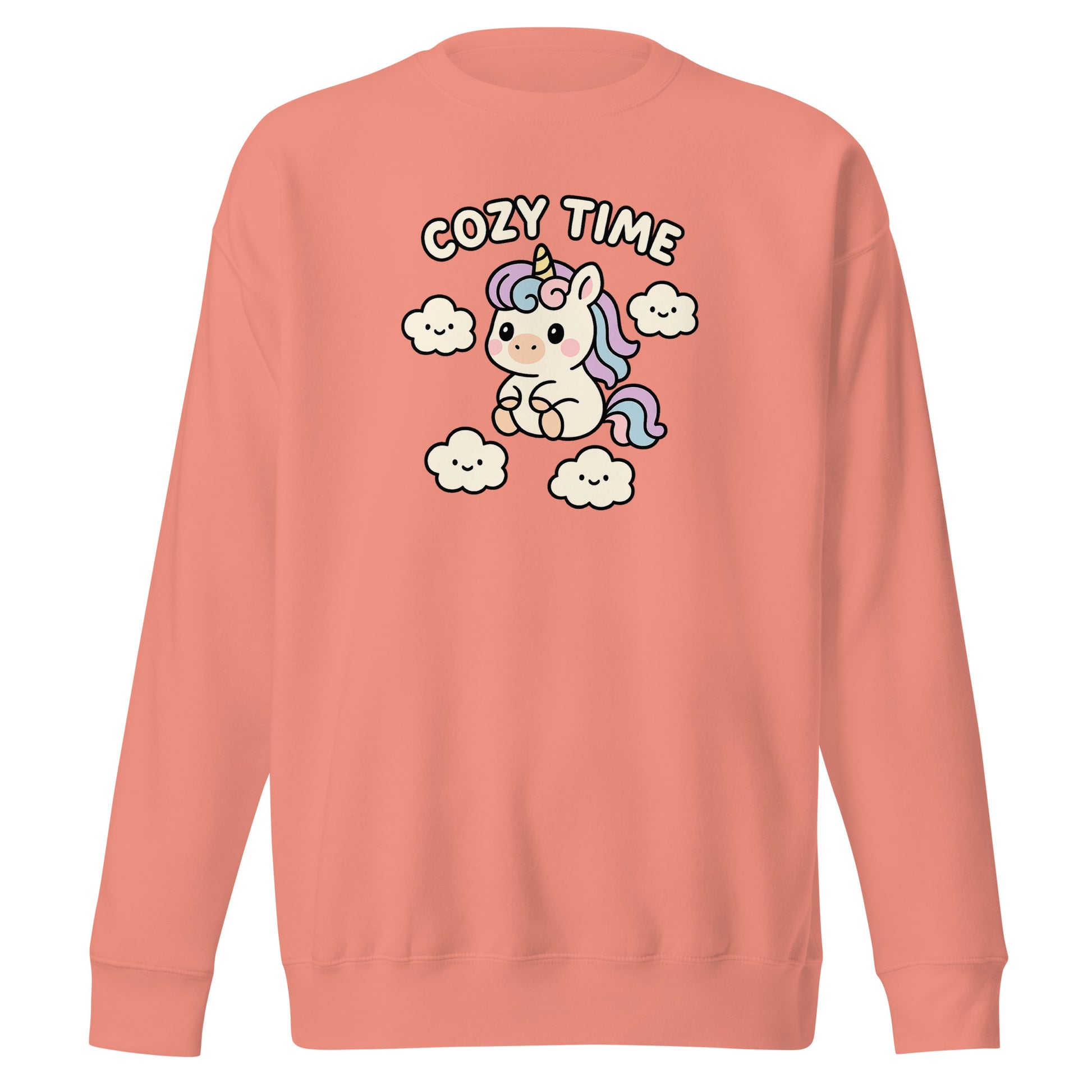 Coral sweatshirt with a unicorn graphic and 'Cozy Time' text on the back.