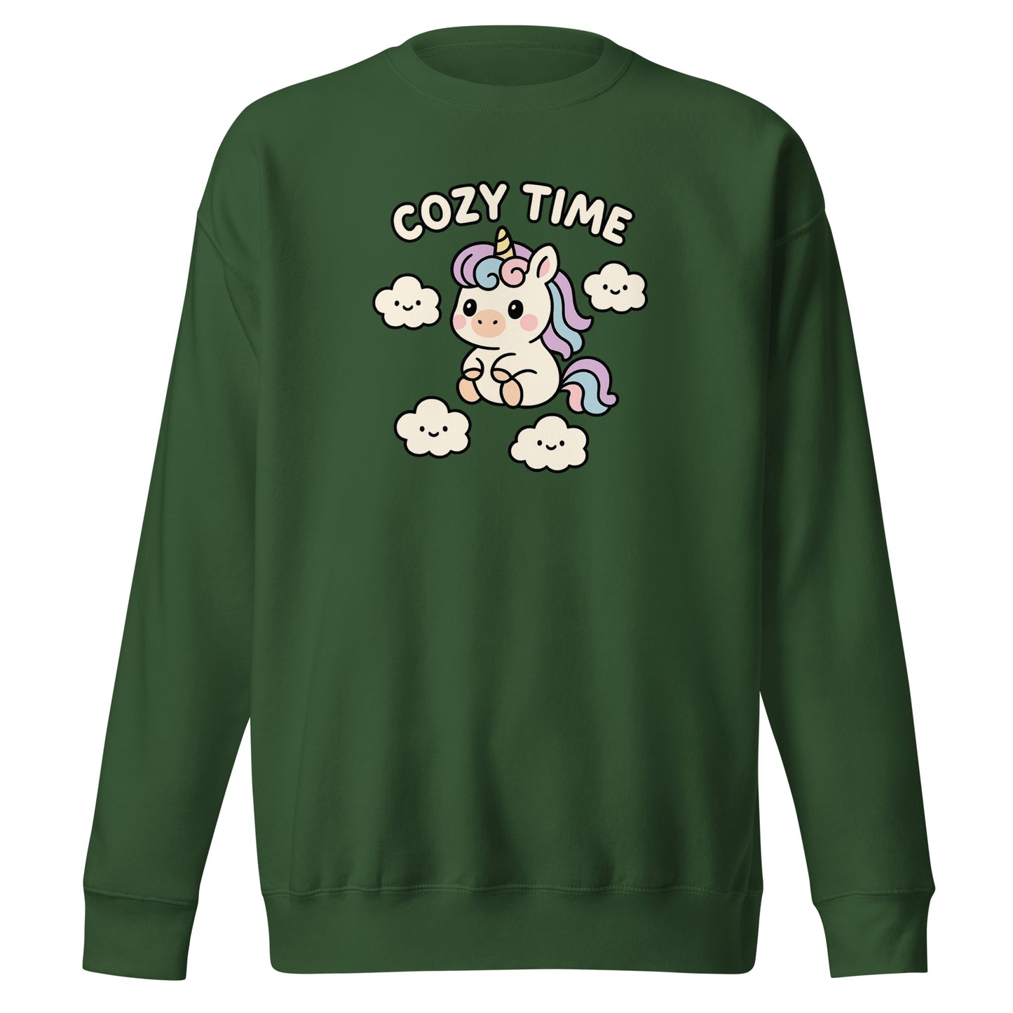 Green sweatshirt with a unicorn graphic and 'Cozy Time' text on a white background