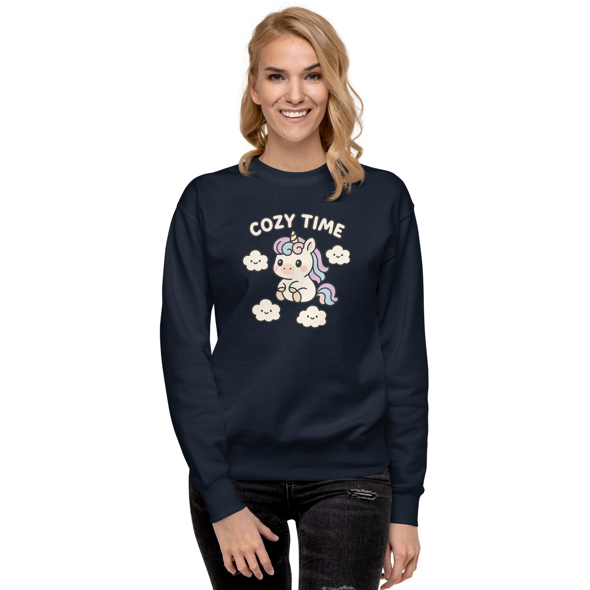 Woman wearing a navy blue sweatshirt with a unicorn graphic and 'Cozy Time' text on a white background