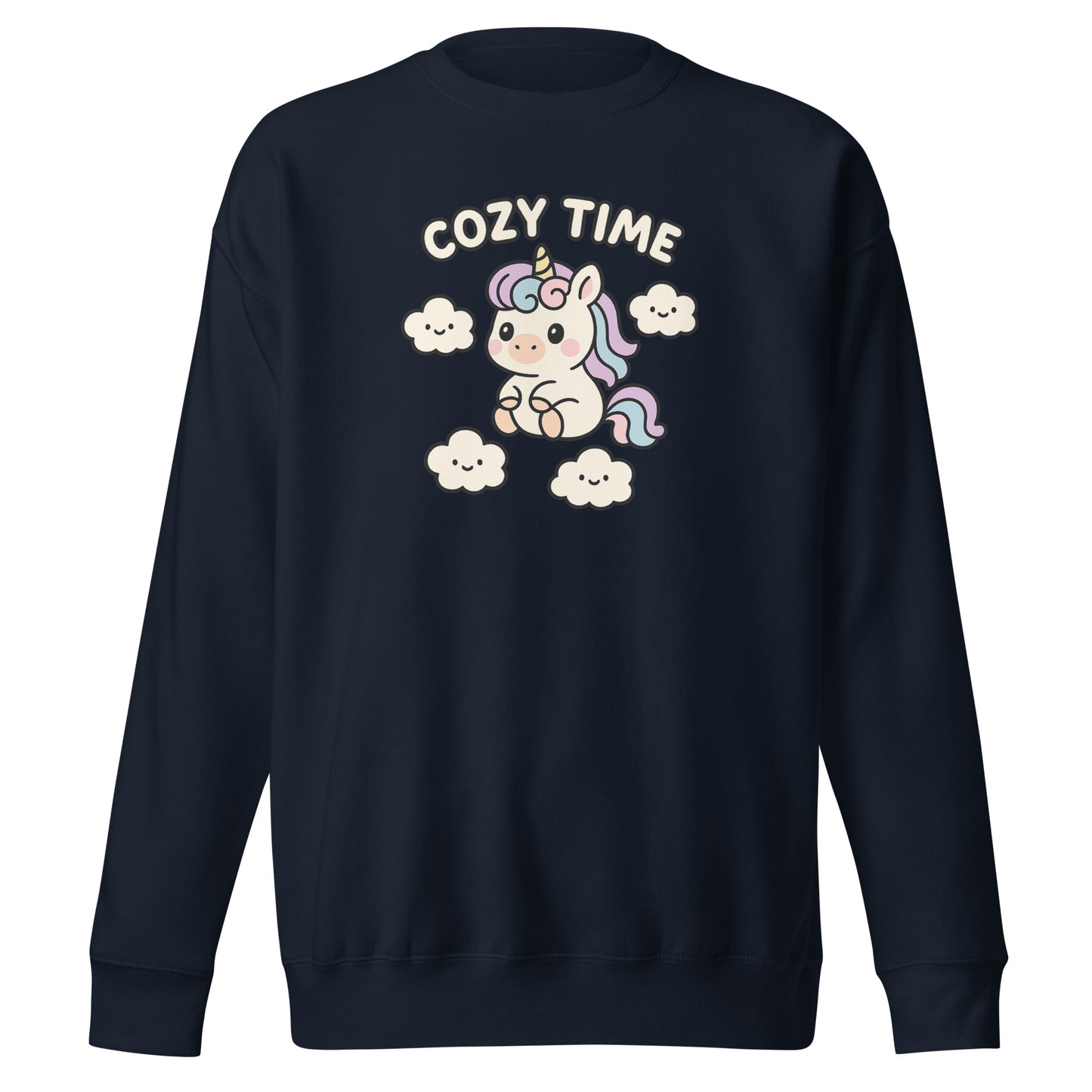 Navy blue sweatshirt with a unicorn graphic and 'Cozy Time' text on a white background