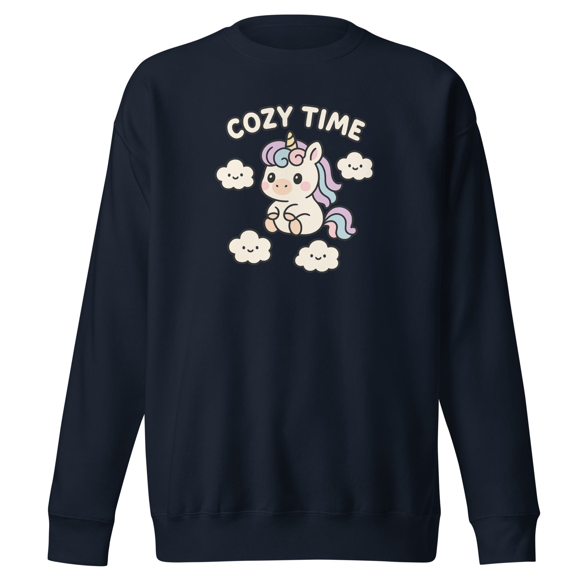 Navy blue sweatshirt with a unicorn graphic and 'Cozy Time' text on a white background