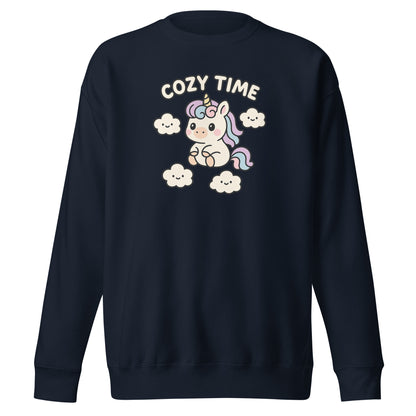 Navy blue sweatshirt with a unicorn graphic and 'Cozy Time' text on a white background