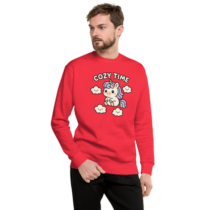 Man wearing a red sweatshirt with a unicorn graphic and 'Cozy Time' text on a white background