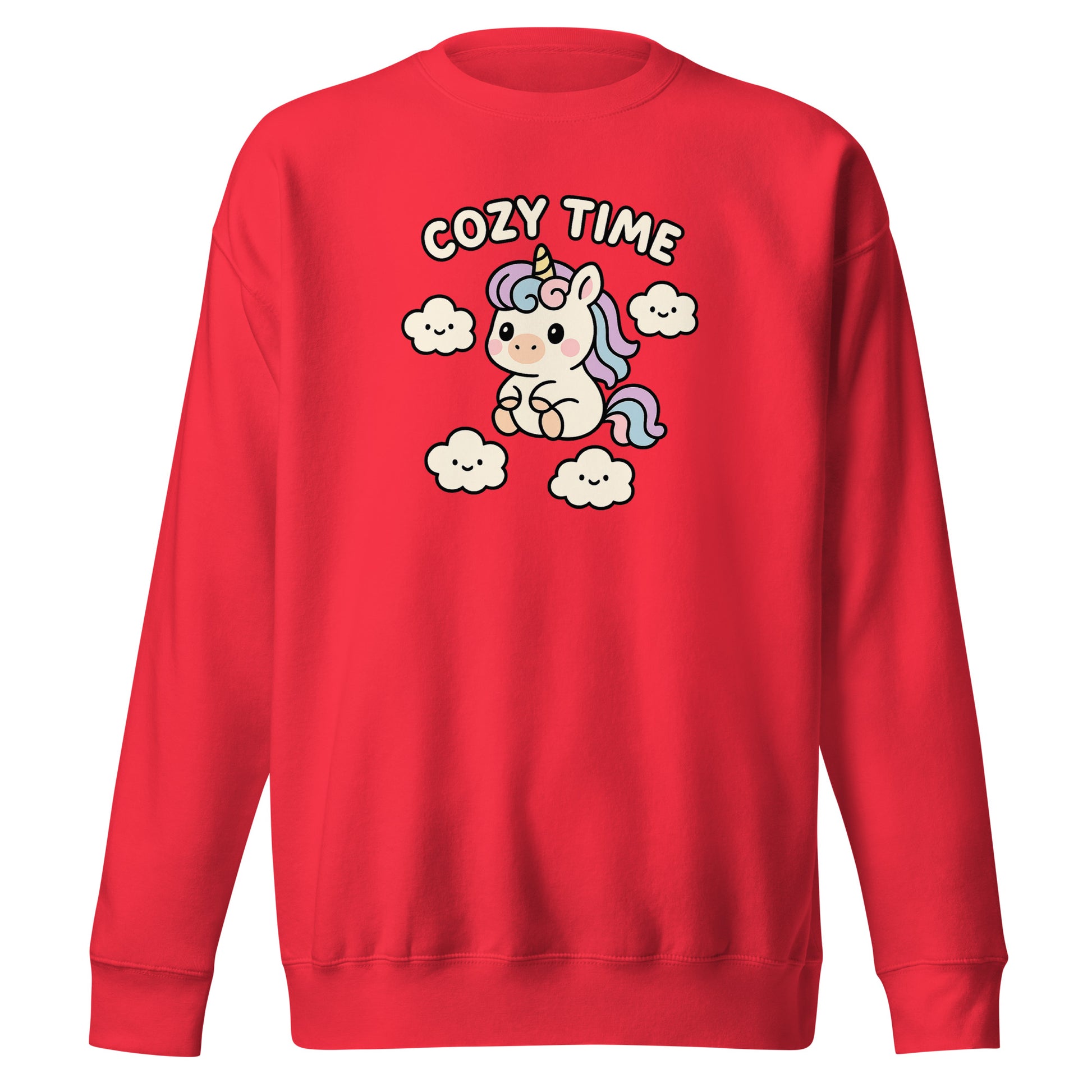 Red sweatshirt with a unicorn graphic and 'Cozy Time' text on a white background