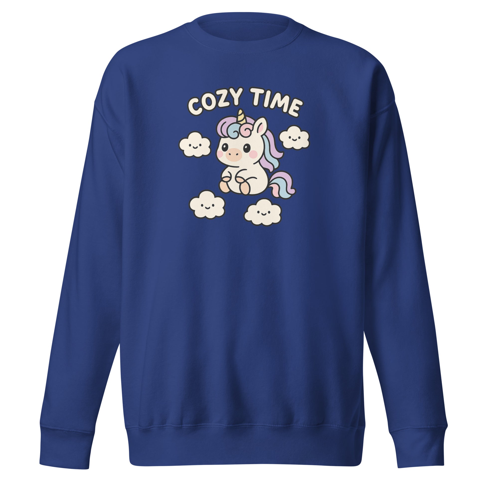 Blue sweatshirt with a unicorn graphic and 'Cozy Time' text on a white background
