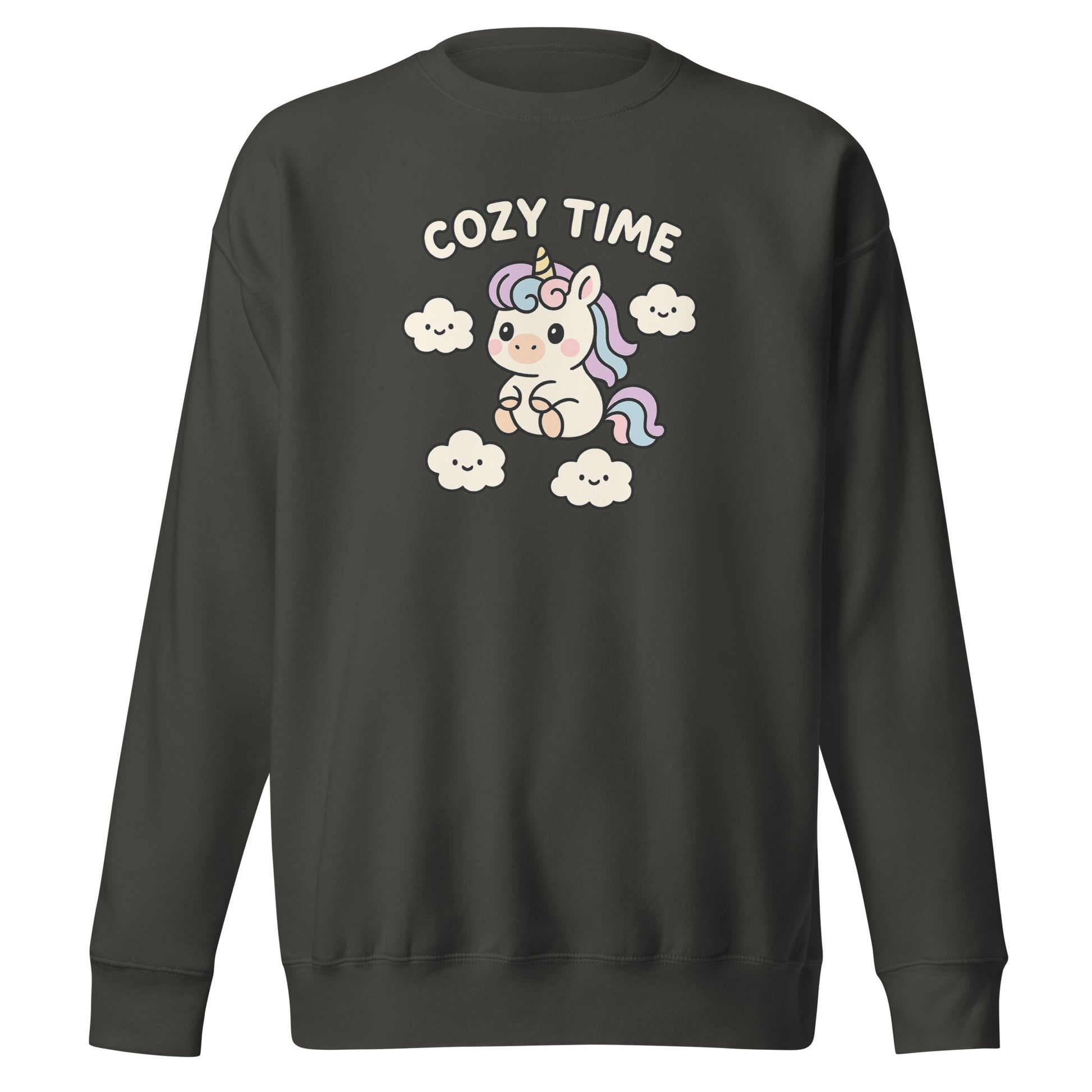 Black sweatshirt with a unicorn graphic and 'Cozy Time' text on a white background