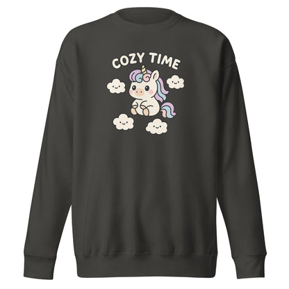 Black sweatshirt with a unicorn graphic and 'Cozy Time' text on a white background