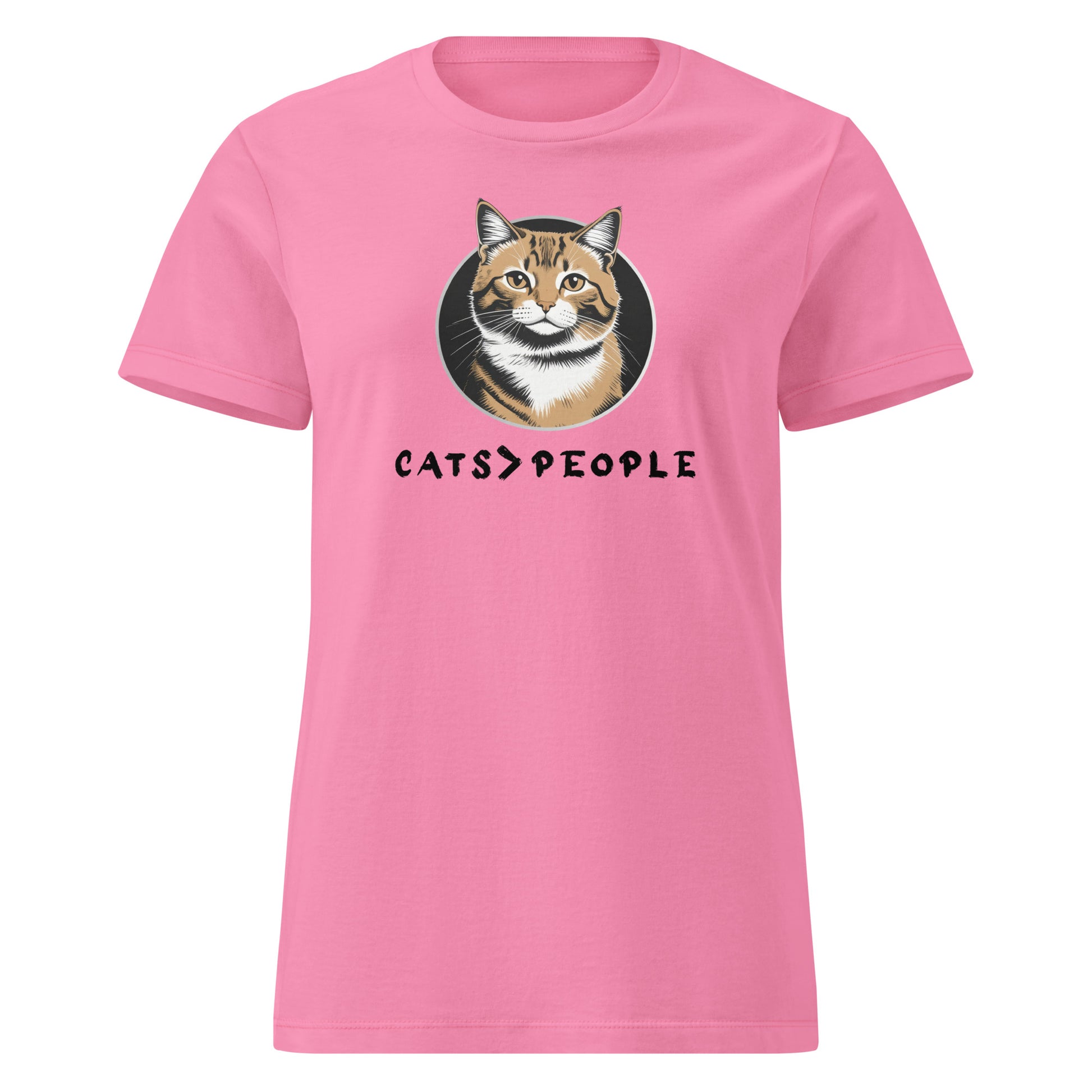 Pink t-shirt with a cat graphic and 'CATS > PEOPLE' text on a white background