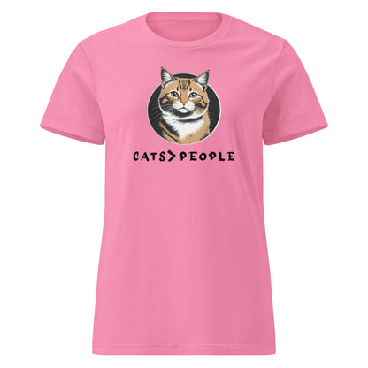 Pink t-shirt with a cat graphic and 'CATS > PEOPLE' text on a white background