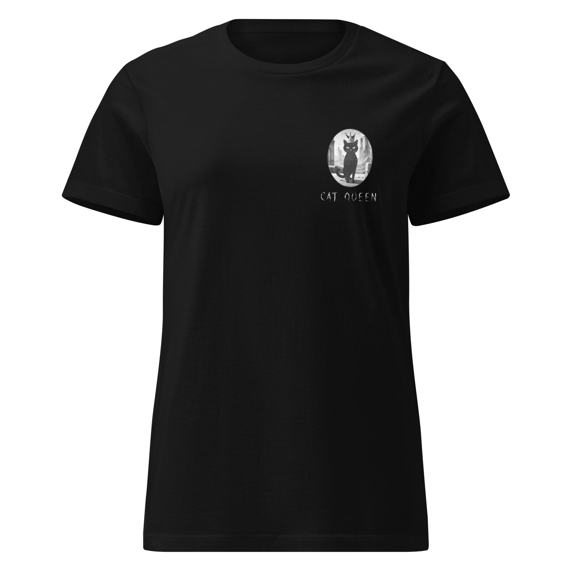 Black t-shirt with a white graphic and text "Cat Queen" on a white background