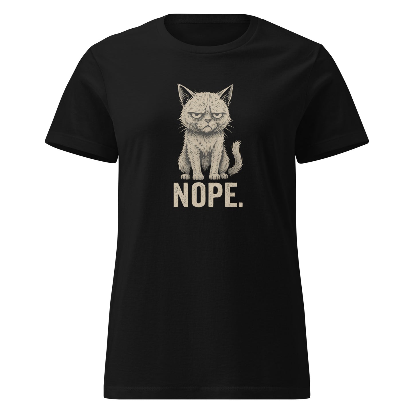 Black t-shirt with a graphic of a cat and 'NOPE.' text on a white background
