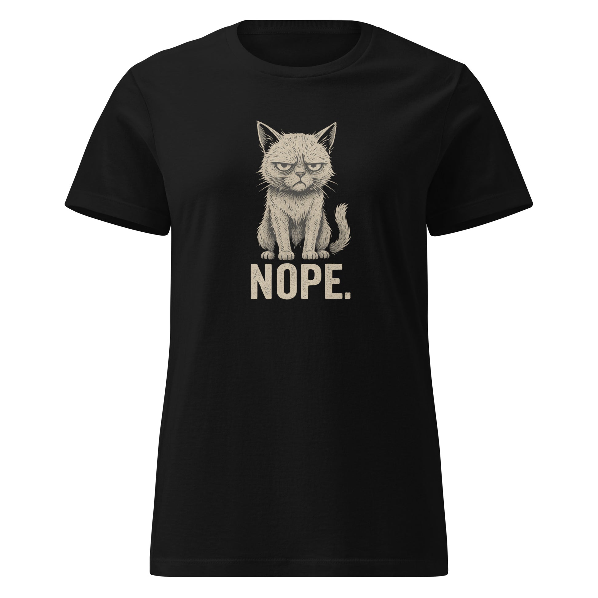 Black t-shirt with a graphic of a cat and 'NOPE.' text on a white background