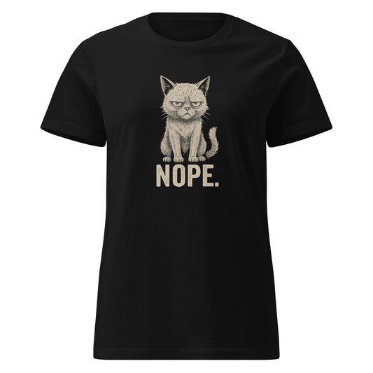 Black t-shirt with a graphic of a cat and 'NOPE.' text on a white background