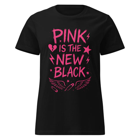 Black t-shirt with pink text 'Pink is the New Black' on a white background