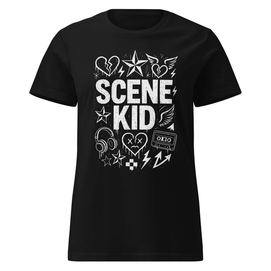 Black t-shirt with 'SCENE KID' text and graphics on a white background